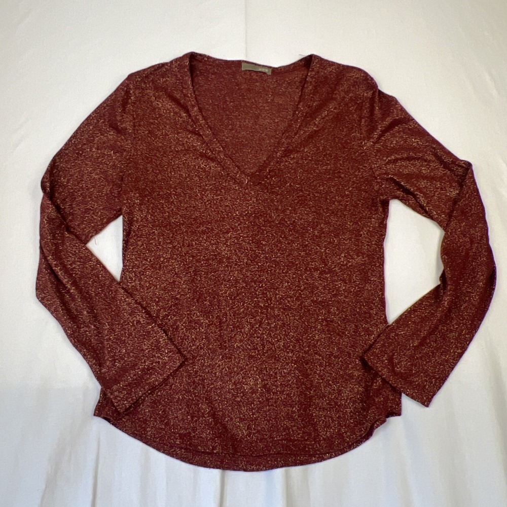 J.Crew Womens Burgundy Red Gold Metallic Shimmer V-Neck Long Sleeve Top M